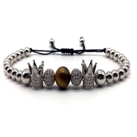 Mens Crown Tiger Eye Stone Beaded Bracelet Micro Inlaid Zircon Alloy Charm Braided Adjustable Fashion Jewelry Gift