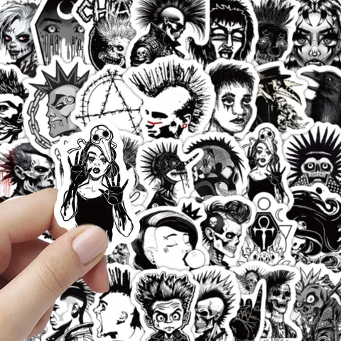 Pegatinas de Graffiti Estilo Punk Rock Gótico Blanco y Negro Calcomanías de Calavera de Terror Oscuro para Coche Monopatín Equipaje