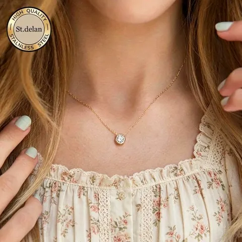Stainless Steel 12 Colors Birthstone Pendant Necklace For Women Round Rhinestone Solitaire Clasvicle Chain Daily Commute Jewelry