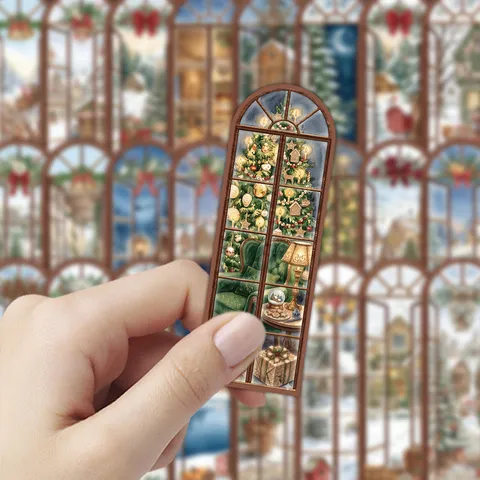 Christmas Bookmarks Set Vintage Arched Window Design Paper Page Markers Winter Reading Note Cards Holiday Gifts