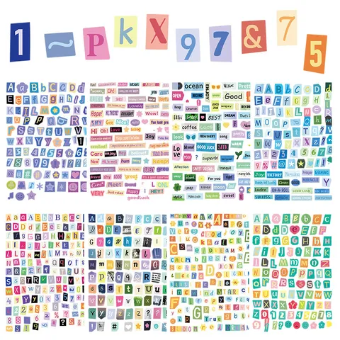 Pegatinas Coloridas de Letras y Números en Inglés para Diario Material de Collage Decorativo