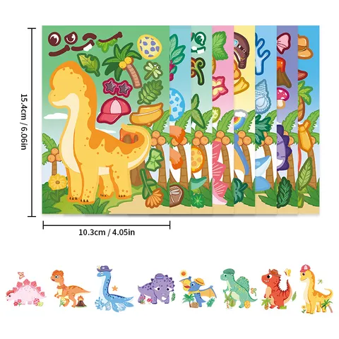 Niños DIY Dinosaurio Cara Cambiante Pegatinas Conjunto Lindo Dibujos Animados Papel Sintético Rompecabezas Educativo Regalo De Cumpleaños