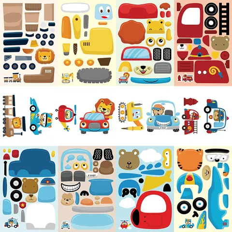 Kids Educational DIY Face Changing Cartoon Vehicle Puzzle Stickers PVC Waterproof Children Hand Made Craft Toy Stickers