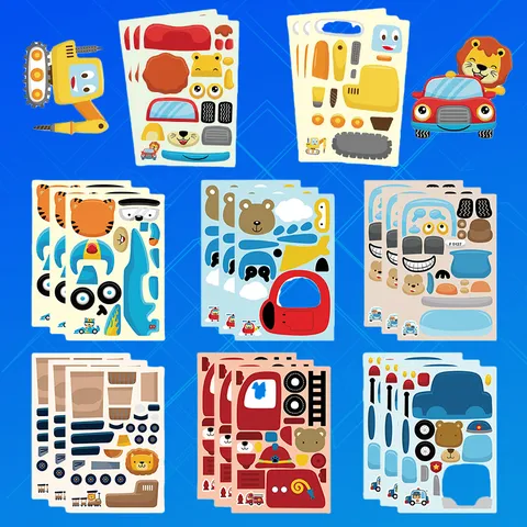 Kids Educational DIY Face Changing Cartoon Vehicle Puzzle Stickers PVC Waterproof Children Hand Made Craft Toy Stickers