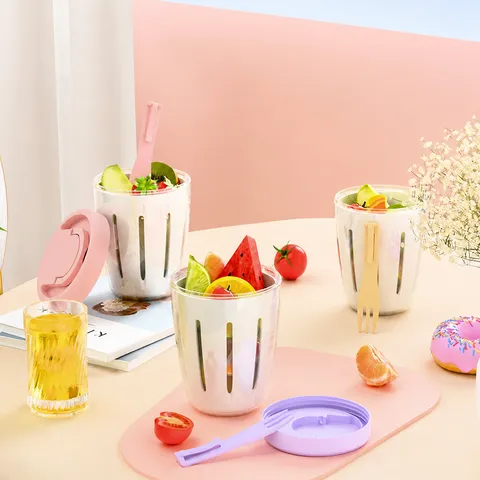 Tasse à Salade Portable Double Couche Tasse à Fruits en Plastique Avec Fourchette Récipient de Petit-Déjeuner Antifuite Stockage Polyvalent