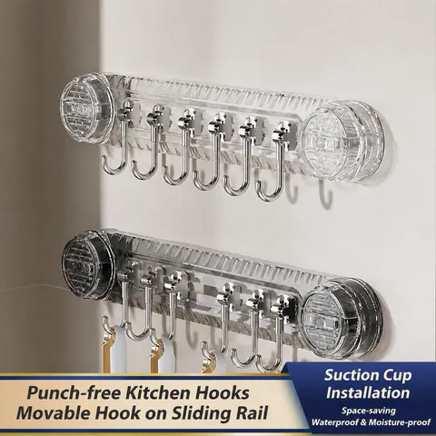 Crochet à Ventouse Sous Vide Solide Sans Perçage Multifonctionnel Transparent Mural Longue Rangee Crochet pour Cuisine Salle de Bains