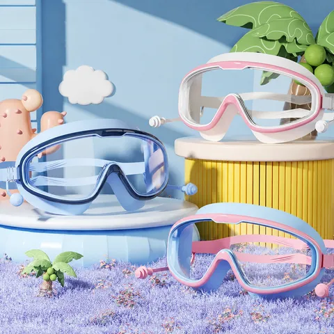 Lunettes de Natation pour Enfants Imperméable Anti-Buée Vue Large en Silicone avec Bouchons d'Oreilles pour Garçons Filles