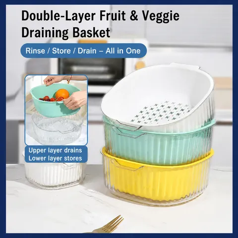 Double Layer Plastic Vegetable Washing Basin Drain Basket Kitchen Household Fruit Storage Bowl