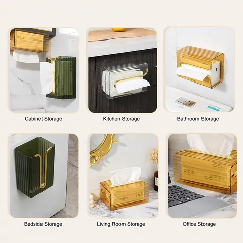 Boîte à MouchoirsMurale Luxe Léger Distributeur de Mouchoirs Transparent en PET avec Garniture Dorée pour Salle de Bain