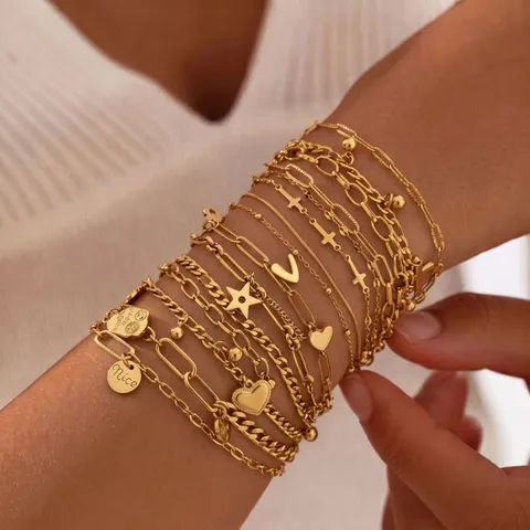 Edelstahl Gelaagtes Armband Set PVD 18K Vergoldet Herz Stern Kreuz Smiley Anhänger Mode Damen Schmuck