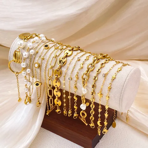 Edelstahl PVD 18K Vergoldet Mehrlagiges Stapelarmband Künstliche Perle Stern Anhänger Handschmuck Für Damen