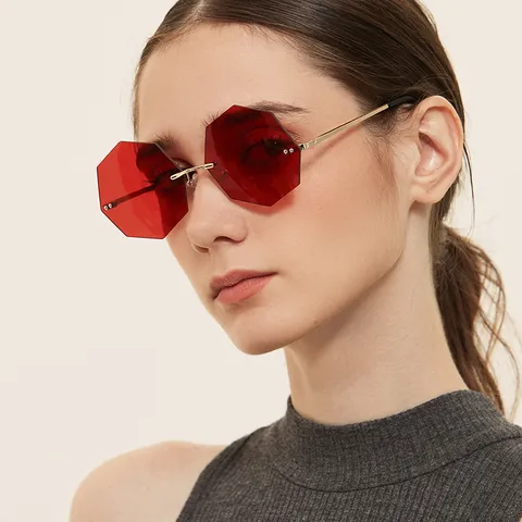 Women Retro Rimless Octagon Sunglasses Metal Frame Polygon Cutting Lens UV400 Avant-Garde Fashion Eyewear For Outdoor Daily Decor