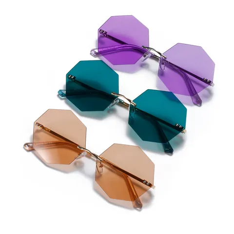 Women Retro Rimless Octagon Sunglasses Metal Frame Polygon Cutting Lens UV400 Avant-Garde Fashion Eyewear For Outdoor Daily Decor