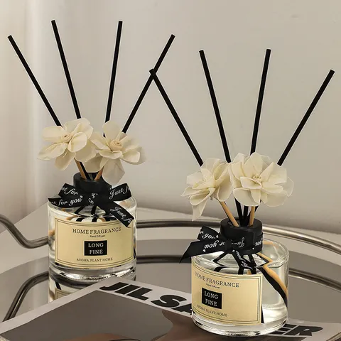 Nordischer Stil Heim Duftstäbchen Set 120ml Glasflasche Mit Schwarzen Rattan Stäbchen Und Sola Blume Für Schlafzimmer Hotel Lufterfrischer