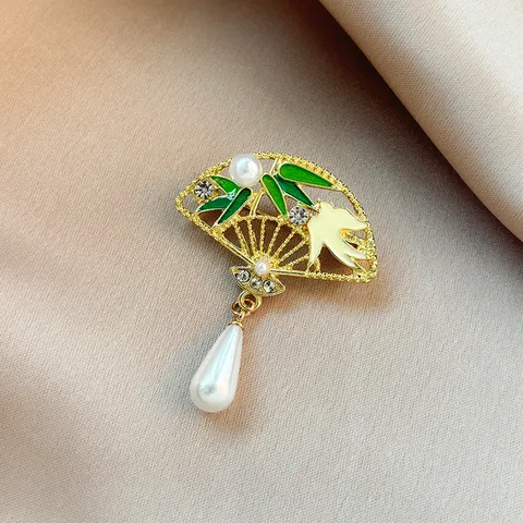 Broche de Libélula Mariposa Abanico de Estilo Retro Chino Aleación Strass Perla Artificial Esmalte Joyería de Moda Regalo