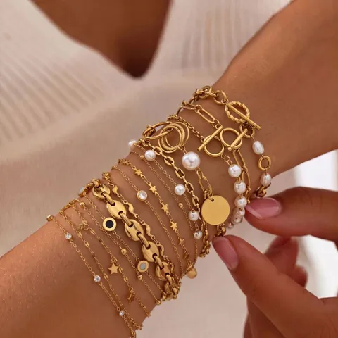 Edelstahl PVD 18K Vergoldet Mehrlagiges Stapelarmband Künstliche Perle Stern Anhänger Handschmuck Für Damen