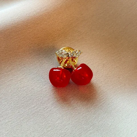Elegant Red Cherry Brooch Pin Alloy Rhinestone Crystal Fashion Jewelry For Women Daily Party Coat Decoration
