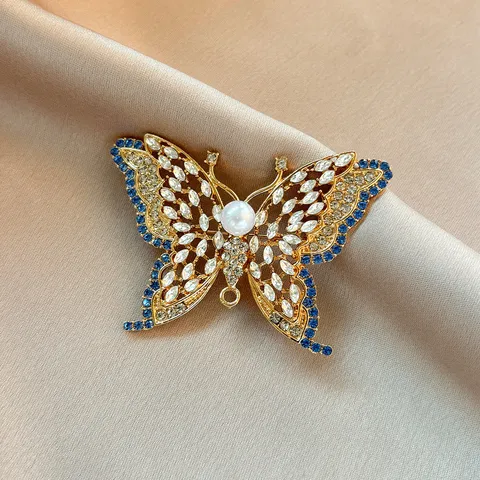 Vintage Openwork Rhinestone Crystal Butterfly Brooch Pin Alloy Artificial Pearl Corsage Suit Coat Accessories For Women