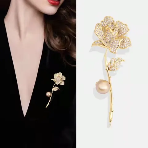 Gold Rose Flower Brooch Pin For Women Alloy Rhinestone Artificial Pearl Coat Clothing Accessories Jewelry Gift