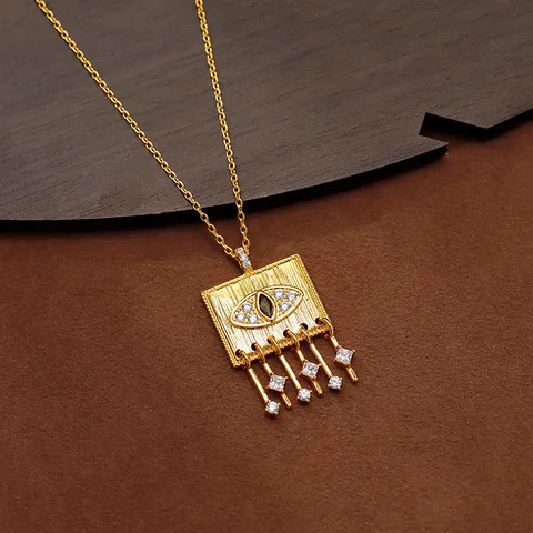 Collana con Pendente Quadrato Malocchio Vintage in Rame con Zirconia Intarsiata Geometrica Nappa Catena a Osso di Serpente Oro Gioielli Bohémien Donna