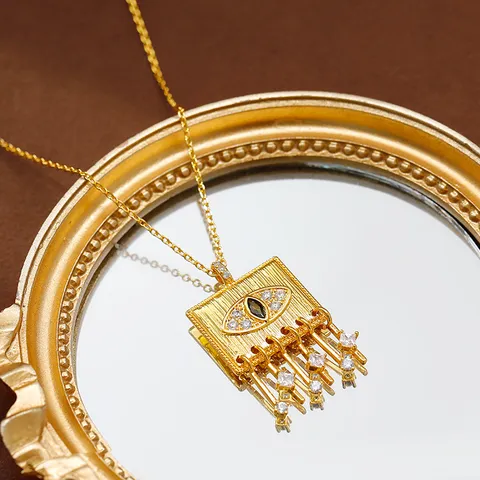 Collana con Pendente Quadrato Malocchio Vintage in Rame con Zirconia Intarsiata Geometrica Nappa Catena a Osso di Serpente Oro Gioielli Bohémien Donna
