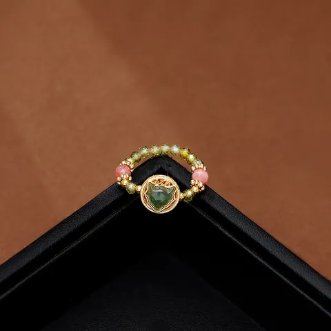 New Chinese Style Elastic Beaded Ring For Women Nephrite Jade Fox Charm Ring Vintage Crystal Gold Plated Finger Jewelry