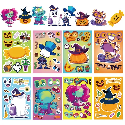 Halloween Sticker Sheets DIY Waterproof Decals Funny Face Puzzle Stickers Party Favors Kids Educational Toy Supplies