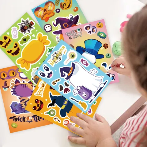 Halloween Sticker Sheets DIY Waterproof Decals Funny Face Puzzle Stickers Party Favors Kids Educational Toy Supplies