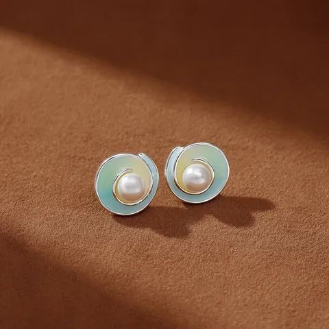 Pendientes de Botón de Perla para Mujer Esmalte Degradado Espiral Redondos Pendientes Con Poste de Plata de Ley 925 Moda Joyería