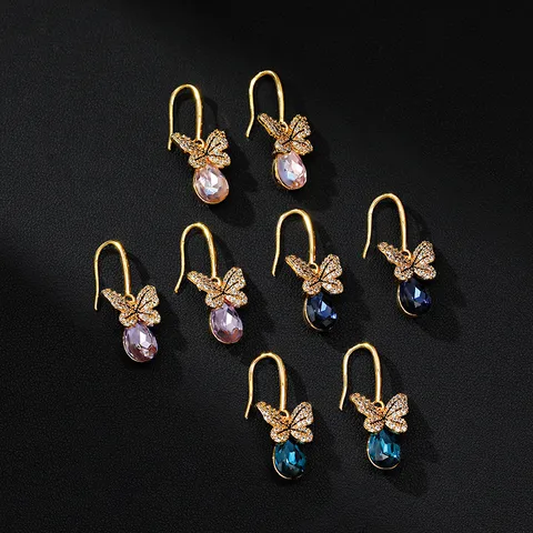 Elegante Schmetterling Ohrhänger Vergoldet Kupfer Zirkonia Wassertropfen Glas Kristall Ohrhaken Schmuck Für Damen Party Geschenk