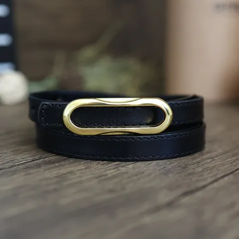 Women Casual Minimalist Genuine Leather Belt Fashion Metal Oval Buckle Thin Waistband For Jeans And Dresses Daily Wear