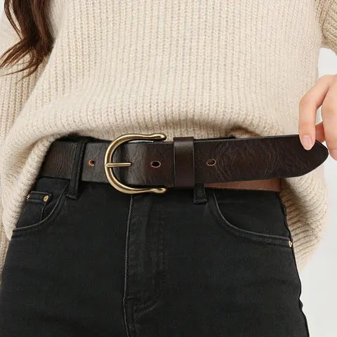 Cintura da Uomo in Vera Pelle Bovina Vintage con Fibbia a Ferro di Cavallo Casual