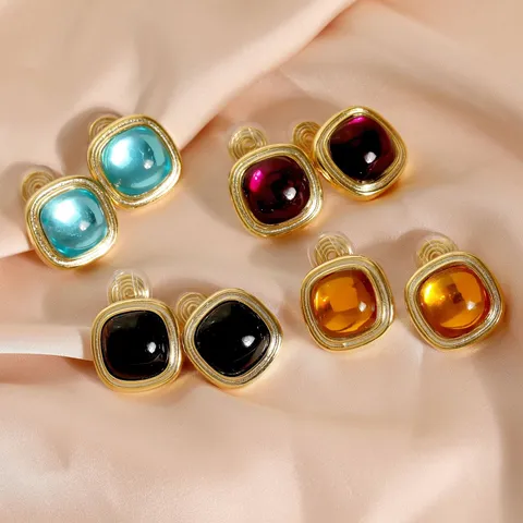 Vintage Quadrat Legierung Harz Ohrclips Für Nicht Durchstochene Ohren Vergoldet 16K Gold Schwarz Blau Bernstein Lila Geometrische Ohrringe Damen Modeschmuck