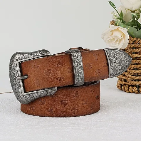 Cintura da Donna in Vera Pelle di Vacchetta Vintage Goffrata Fibbia ad Ardiglione Cintura Casual per Accessori di Moda