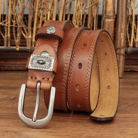 Cintura da Donna in Vera Pelle Retro Fibbia ad Ardiglione in Metallo Intagliato Vintage Cintura Larga Accessori