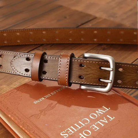 Cintura in Vera Pelle Vintage da Uomo Casual Traforata Doppia Fibbia ad Ardiglione in Pelle di Vacchetta Per Jeans Moda