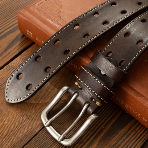 Cintura da Uomo in Vera Pelle Vintage Casual Invecchiata Traforata con Doppia Fibbia ad Ardiglione per Jeans