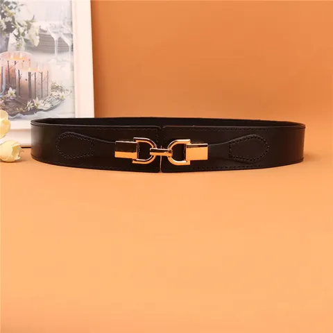 Damen Echtes Leder Breiter Taillengürtel Elastischer Gürtel Vielseitig Mantel Kleid Dekorativer Bund Metallschnalle