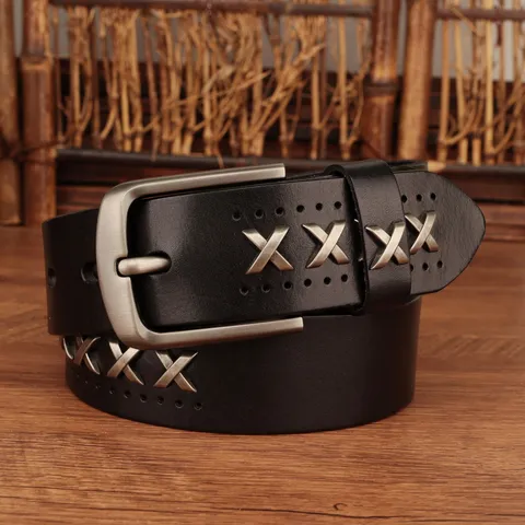 Cintura in Cuoio di Vacchetta di Primo Strato Fatta a Mano Uomo Donna Retro Vintage Cintura in Pelle Con Borchie X in Metallo