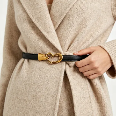 Women's Genuine Leather Belt Retro Heart Metal Buckle Casual Versatile Thin Waistband For Dresses Shirts Coats Fashion Accessories