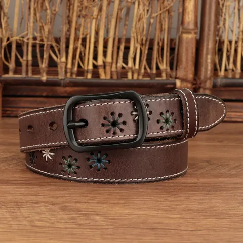 Cintura da Donna in Pelle Retro Casual Vintage Traforata Floreale Ricamata con Fibbia in Metallo