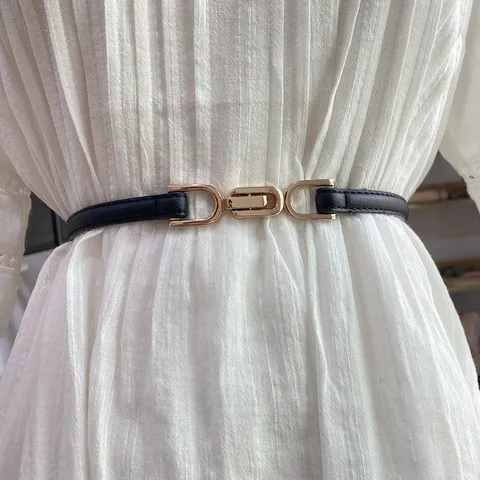 Damen Echtes Rindsleder Dünner Taillengürtel Minimalistisch Metall Schnalle Schlanke Kleid Hemd Bund Mode Accessoires