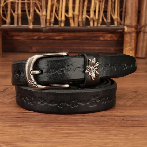 Cintura da Donna in Pelle di Vacchetta Pieno Fiore Vintage Moda Intaglio Floreale Fibbia ad Ardiglione in Lega Casual per Jeans