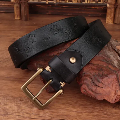 Cintura da Uomo in Pelle di Vacchetta Retro Fibbia ad Ardiglione in Rame Goffrato Casual Affari Moda Cintura in Vita