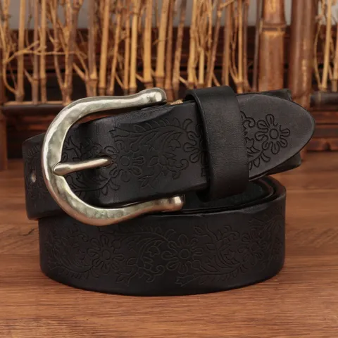 Cintura da Uomo in Vera Pelle di Vacchetta Stile Vintage Design Intagliato Fibbia ad Ardiglione in Metallo Cintura Casual per Jeans