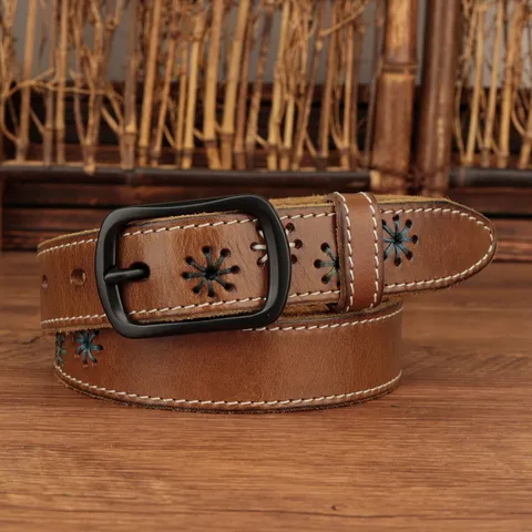 Women Vintage Top Grain Cowhide Leather Belt Floral Embroidery Hollow-out Design Matte Black Pin Buckle Waist Belt