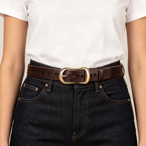 Damen Echtes Leder Gürtel Durchbrochen Blumenmuster Metall Dornschließe Vintage Casual Taille Gürtel Für Jeans Und Kleider