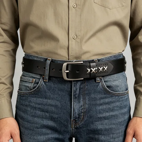 Cintura in Cuoio di Vacchetta di Primo Strato Fatta a Mano Uomo Donna Retro Vintage Cintura in Pelle Con Borchie X in Metallo