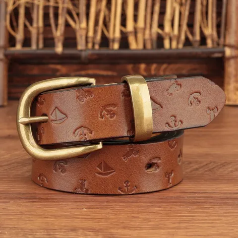 Vintage Genuine Cowhide Leather Belt For Women Casual Metal Pin Buckle Embossed Nautical Sailboat Anchor Waistband Jeans Belt
