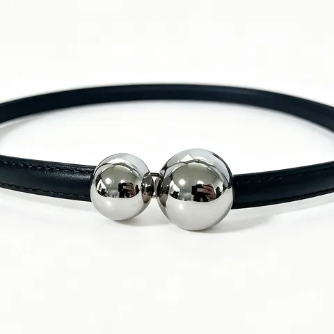 Minimalist Alloy Asymmetric Double Ball Belt Buckle Silver Clasp Adjustable Dress Decoration Accessory For Women Girls